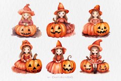 Pumpkin Princess Clip Art, Fall Watercolor Girl in Witch Hat Product Image 2