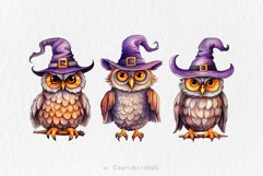 Happy Halloween Owl Clip Art, Watercolor Owl in Purple Hat Product Image 2