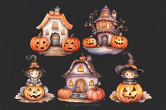 Vintage Halloween Clip Art, Watercolor Houses Kids Pumpkins Product Image 4