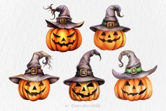 Happy Halloween Pumpkin Clip Art, Watercolor Pumpkin in Hat Product Image 2