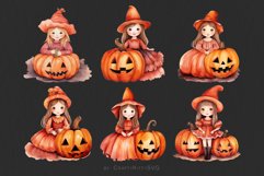 Pumpkin Princess Clip Art, Fall Watercolor Girl in Witch Hat Product Image 4