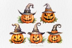 Happy Halloween Pumpkin Clip Art, Watercolor Pumpkin in Hat Product Image 2