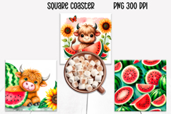 Watermelon sunflower square coaster | Cute cow coaster PNG Product Image 1