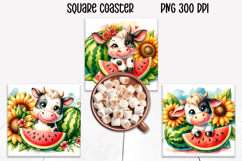 Watermelon sunflower square coaster | Cute cow coaster PNG Product Image 1