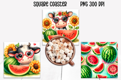 Watermelon sunflower square coaster | Cute cow coaster PNG Product Image 1