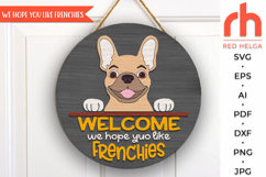 french bulldog sign svg, frenchie sign svg, peeking frenchie silhouette, dog hanger svg, welcome sign svg, door sign svg, round hanging sign, laser cut file, layered sign svg, quirky frenchie, wood home sign svg, front sign svg, pet sign dxf
