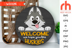husky door sign svg, dog lover sign svg, siberian husky svg, dog hanger svg, welcome sign svg, pet sign dxf, dog mom door sign svg, round hanging sign, laser cut file, layered sign svg, wood home sign svg, front sign svg, quirky husky, peeking husky