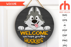 husky door sign svg, dog lover sign svg, siberian husky svg, dog hanger svg, welcome sign svg, pet sign dxf, dog mom door sign svg, round hanging sign, laser cut file, layered sign svg, wood home sign svg, front sign svg, quirky husky, peeking husky