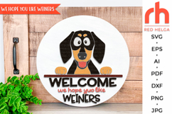 dachshund sign svg, weiner dog sign svg, peeking dash silhouette, dog hanger svg, welcome sign svg, door sign svg, round hanging sign, laser cut file, layered sign svg, quirky dachshund, wood home sign svg, front sign svg, pet sign dxf