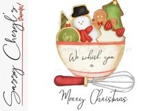 Christmas cookies in a vintage mixing bowl with christmas trees gingerbread men stars and a baking whisk Christmas illustration