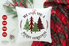 We Wish You a Merry Christmas text with gingham plaid green and red buffalo check patterns shown on a white square pillow