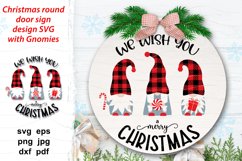 Cute SVG design for Xmas door sign or door hanger with quote We wish you a Merry Christmas and Xmas Gnomes with candies or gift. Perfect for round porch, door wood signs, Xmas plate, home decoration, pillow case designs, t-shirt.