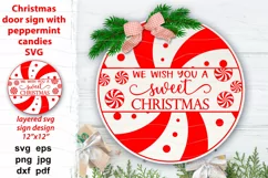 Cute round Xmas door sign, We wish you a sweet Christmas quote with red and white peppermint candies. Traditional Christmas food, template for round door or porch sign, plate, pillow case. Festive home decoration.
