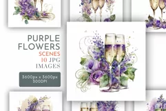 Champagne and Flowers Purple | Watercolour Clipart JPG Product Image 1
