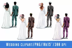 The bride in a white wedding dress and the groom, rear view Product Image 1