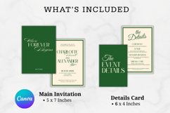 Wedding RSVP and details card template, matching emerald green wedding stationery set editable in Canva