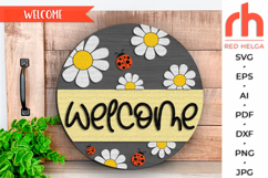 welcome daisy sign svg, ladybug daisy sign svg, daisy hanger svg, floral sign svg, welcome sign svg, flower wood sign dxf, spring door sign svg, round hanging sign svg, laser cut file, layered sign svg, farm sign svg, seasonal sign svg, countryside sign