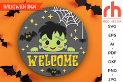 halloween welcome sign svg, cute frankenstein svg, little franki silhouette, layered door sign svg, spooky hanging sign, laser cut file, spooky season svg, welcome sign svg, halloween hanger svg, seasonal sign svg, circle board svg, glowforge cut file