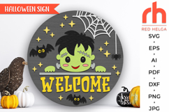 halloween welcome sign svg, cute frankenstein svg, little franki silhouette, layered door sign svg, spooky hanging sign, laser cut file, spooky season svg, welcome sign svg, halloween hanger svg, seasonal sign svg, circle board svg, glowforge cut file