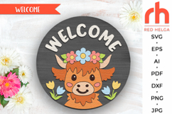 cute calf silhouette, flower hanger svg, floral welcome sign svg, spring door sign svg, round hanging sign svg, laser cut file, layered farm sign svg, cricut cut file, highland cow sign, farmhouse easter svg, countryside sign svg, seasonal circle svg