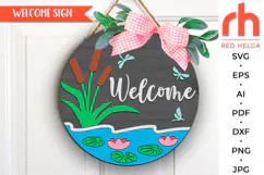 welcome lake svg, dragonfly silhouette, summer hanger svg, lake reed svg, welcome sign svg, wood camping sign, lotus door sign svg, round hanging sign svg, laser cut file, layered sign svg, cane sign svg, glowforge cut file, cricut cut file