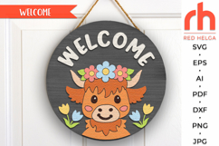 cute calf silhouette, flower hanger svg, floral welcome sign svg, spring door sign svg, round hanging sign svg, laser cut file, layered farm sign svg, cricut cut file, highland cow sign, farmhouse easter svg, countryside sign svg, seasonal circle svg
