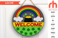 shenanigans welcome svg, st patricks day sign svg, leprechaun sign svg, st pattys hanging sign svg, irish door sign, laser cut file, layered sign svg, welcome sign svg, shamrock sign svg, rainbow sign svg, lucky sign svg, wood home sign svg, front sign