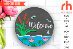 welcome lake svg, dragonfly silhouette, summer hanger svg, lake reed svg, welcome sign svg, wood camping sign, lotus door sign svg, round hanging sign svg, laser cut file, layered sign svg, cane sign svg, glowforge cut file, cricut cut file
