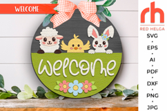 chick lamb bunny sign svg, welcome sign svg, easter door sign, spring hanger svg, laser cut file, layered sign svg, farm easter svg, easter squad door sign, easter hanging sign, peeking easter rabbit sign, easter gift, glowforge cut file, cricut cut file