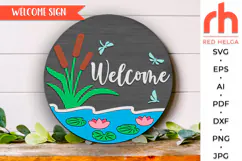 welcome lake svg, dragonfly silhouette, summer hanger svg, lake reed svg, welcome sign svg, wood camping sign, lotus door sign svg, round hanging sign svg, laser cut file, layered sign svg, cane sign svg, glowforge cut file, cricut cut file