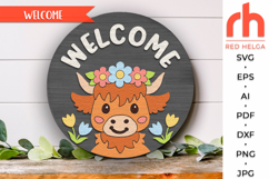 cute calf silhouette, flower hanger svg, floral welcome sign svg, spring door sign svg, round hanging sign svg, laser cut file, layered farm sign svg, cricut cut file, highland cow sign, farmhouse easter svg, countryside sign svg, seasonal circle svg