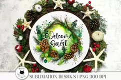 welcome door sign with pine cone wreath