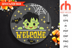 halloween welcome sign svg, cute frankenstein svg, little franki silhouette, layered door sign svg, spooky hanging sign, laser cut file, spooky season svg, welcome sign svg, halloween hanger svg, seasonal sign svg, circle board svg, glowforge cut file