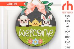 chick lamb bunny sign svg, welcome sign svg, easter door sign, spring hanger svg, laser cut file, layered sign svg, farm easter svg, easter squad door sign, easter hanging sign, peeking easter rabbit sign, easter gift, glowforge cut file, cricut cut file