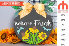 welcome friends svg, dragonfly silhouette, wildflower hanger svg, welcome sign svg, summer circle svg, round hanging sign, laser cut file, layered flower sign, daisy sign svg, floral door sign svg, farm sign dxf, cricut cut file, glowforge cut file