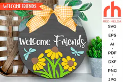 welcome friends svg, dragonfly silhouette, wildflower hanger svg, welcome sign svg, summer circle svg, round hanging sign, laser cut file, layered flower sign, daisy sign svg, floral door sign svg, farm sign dxf, cricut cut file, glowforge cut file