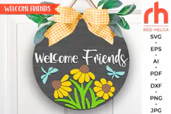 welcome friends svg, dragonfly silhouette, wildflower hanger svg, welcome sign svg, summer circle svg, round hanging sign, laser cut file, layered flower sign, daisy sign svg, floral door sign svg, farm sign dxf, cricut cut file, glowforge cut file