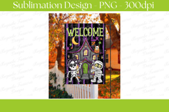 Cute Halloween garden flag featuring a whimsical haunted house with a skeleton, mummy, bat, moon, and purple striped background displaying the word Welcome. Perfect for porch décor, yard decorations, and sublimation projects.