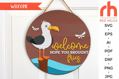 welcome hope you brought fries, vacation door sign svg, seagull silhouette, nautical sign svg, summer hanger svg, laser cut file, layered sign svg, lake house sign, welcome sea sign, beach sign svg, cabin sign svg, cottage sign svg, backyard sign svg