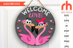 welcome love svg, valentines hanger svg, couple flamingo svg, welcome sign svg, valentine sign svg, layered sign svg, 14 february door sign, round hanging sign svg, heart sign cut file, laser cut file, valentine circle svg, love porch sign svg