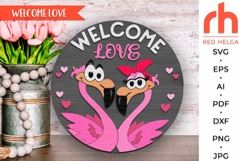 welcome love svg, valentines hanger svg, couple flamingo svg, welcome sign svg, valentine sign svg, layered sign svg, 14 february door sign, round hanging sign svg, heart sign cut file, laser cut file, valentine circle svg, love porch sign svg