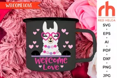 welcome love svg, valentine hanger svg, welcome sign svg, llama glasses svg, seasonal door svg, round hanging sign svg, laser cut file, layered sign svg, porch sign svg, llama hearts svg, valentines day svg, valentine circle svg, valentines shirt svg