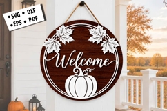 Welcome Pumpkin Fall Leaves Round Door Hanger SVG Design Product Image 1