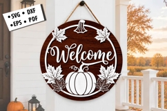 Welcome Pumpkin Maple Leaves Round Door Hanger SVG File Product Image 1