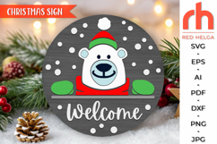 welcome bear sign svg, peeping bear hanger svg, welcome xmas sign svg, polar bear svg, christmas circle svg, winter door sign svg, winter hanger svg, round hanging sign svg, laser cut file, layered xmas sign svg, seasonal porch sign svg, holiday sign svg