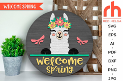 welcome spring svg, peeking lama svg, lama flower wreath svg, lama hanger svg, farm welcome sign svg, spring door sign svg, round hanging sign svg, laser cut file, layered sign svg, animal easter sign svg, farmhouse easter svg, easter circle sign svg