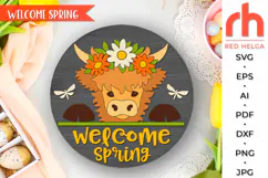 welcome spring svg, cow flower wreath svg, heifer hanger svg, countryside sign svg, farm welcome sign svg, spring door svg, round hanging sign svg, laser cut file, layered sign svg, highland cow sign svg, farmhouse easter svg, peeking cow svg