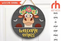 welcome spring svg, cow flower wreath svg, heifer hanger svg, countryside sign svg, farm welcome sign svg, spring door svg, round hanging sign svg, laser cut file, layered sign svg, animal easter svg, farmhouse easter svg, peeking cow svg, easter circle