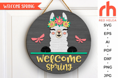 welcome spring svg, peeking lama svg, lama flower wreath svg, lama hanger svg, farm welcome sign svg, spring door sign svg, round hanging sign svg, laser cut file, layered sign svg, animal easter sign svg, farmhouse easter svg, easter circle sign svg