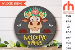 welcome spring svg, cow flower wreath svg, heifer hanger svg, countryside sign svg, farm welcome sign svg, spring door svg, round hanging sign svg, laser cut file, layered sign svg, animal easter svg, farmhouse easter svg, peeking cow svg, easter circle